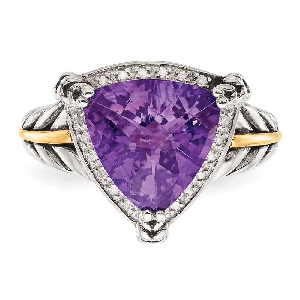 14K/Silver Two Tone Shey Couture Sterling Silver With 14K Accent Antiqued Trillion Amethyst And Diamond Ring