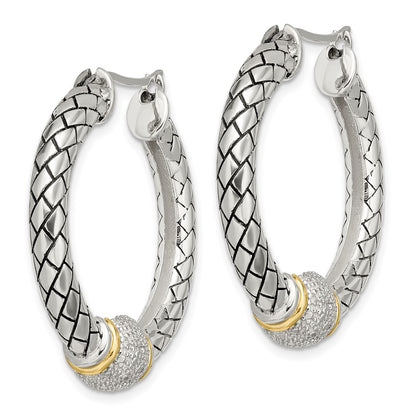 14K/Silver Two Tone Shey Couture Sterling Silver With 14K Accent Antiqued Diamond Hoop Earrings