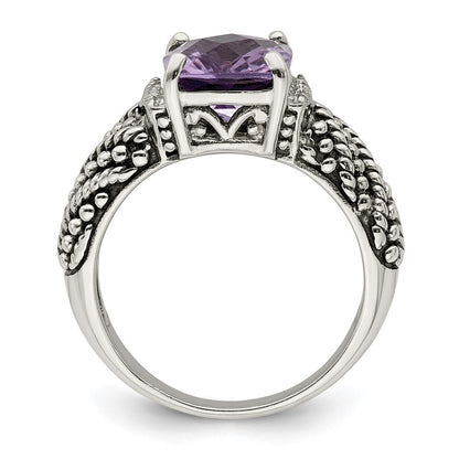 14K/Silver Two Tone Shey Couture Sterling Silver With 14K Accent Antiqued Diamond And Cushion Amethyst Ring