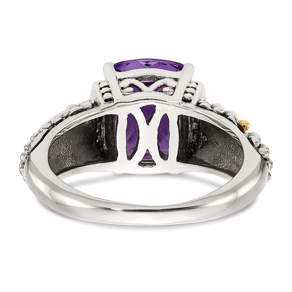 14K/Silver Two Tone Shey Couture Sterling Silver With 14K Accent Antiqued Diamond And Cushion Amethyst Ring