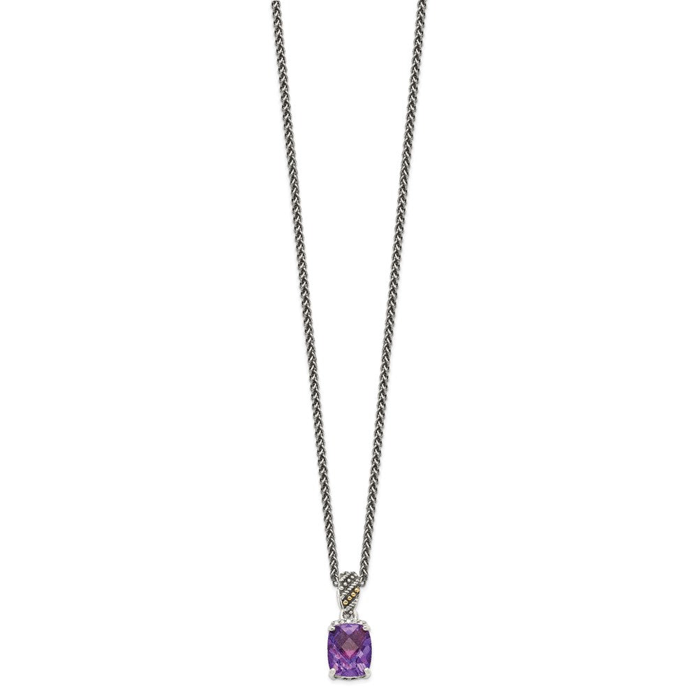 14K/Silver Two Tone Shey Couture Sterling Silver With 14K Accent 18 Inch Antiqued Diamond And Checkerboard Cut Cushion Amethyst Necklace