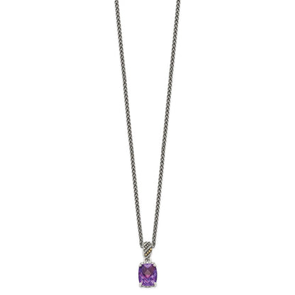 14K/Silver Two Tone Shey Couture Sterling Silver With 14K Accent 18 Inch Antiqued Diamond And Checkerboard Cut Cushion Amethyst Necklace