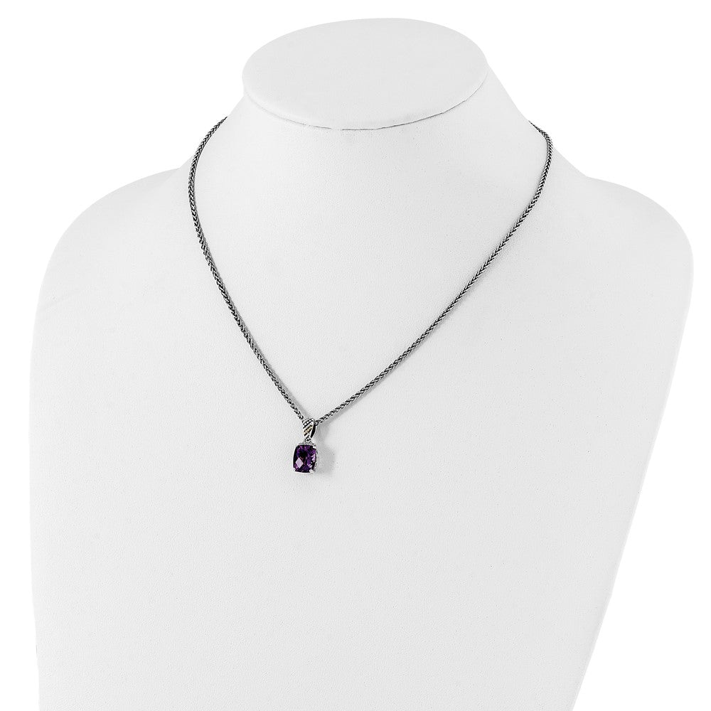 14K/Silver Two Tone Shey Couture Sterling Silver With 14K Accent 18 Inch Antiqued Diamond And Checkerboard Cut Cushion Amethyst Necklace