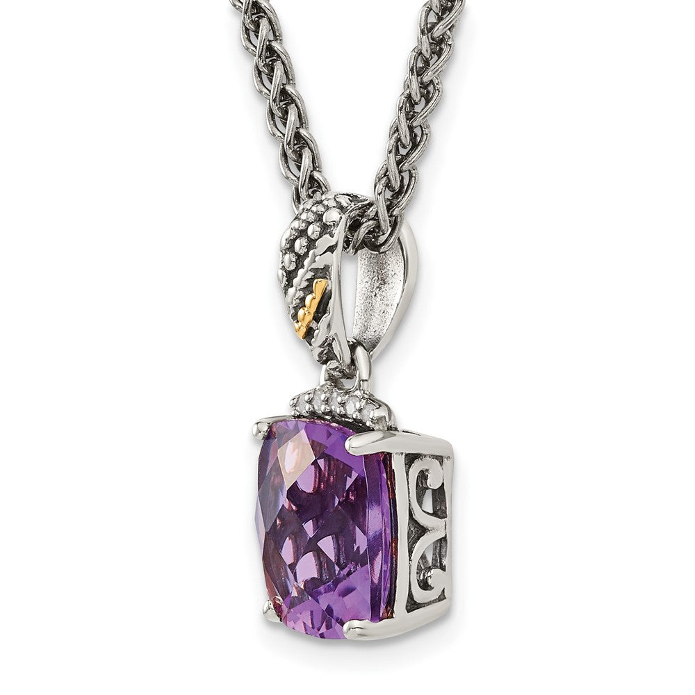 14K/Silver Two Tone Shey Couture Sterling Silver With 14K Accent 18 Inch Antiqued Diamond And Checkerboard Cut Cushion Amethyst Necklace
