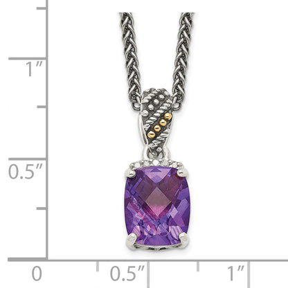 14K/Silver Two Tone Shey Couture Sterling Silver With 14K Accent 18 Inch Antiqued Diamond And Checkerboard Cut Cushion Amethyst Necklace