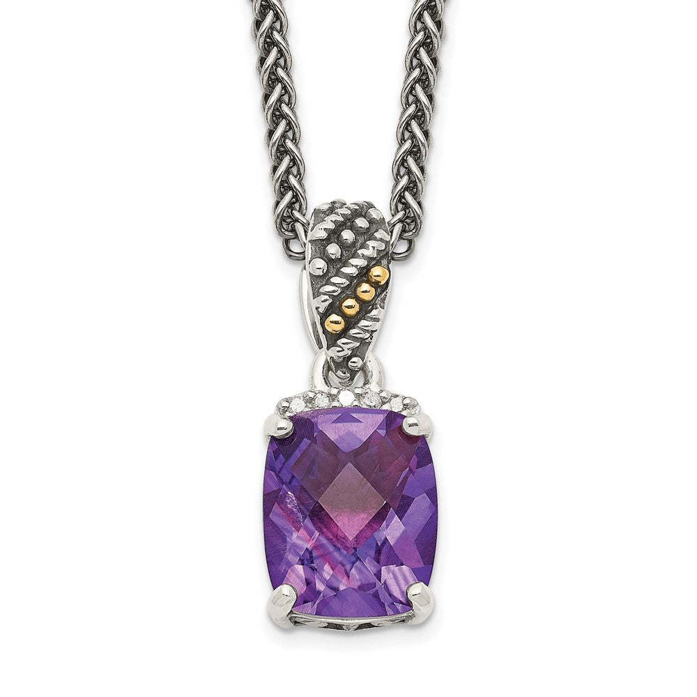 14K/Silver Two Tone Shey Couture Sterling Silver With 14K Accent 18 Inch Antiqued Diamond And Checkerboard Cut Cushion Amethyst Necklace
