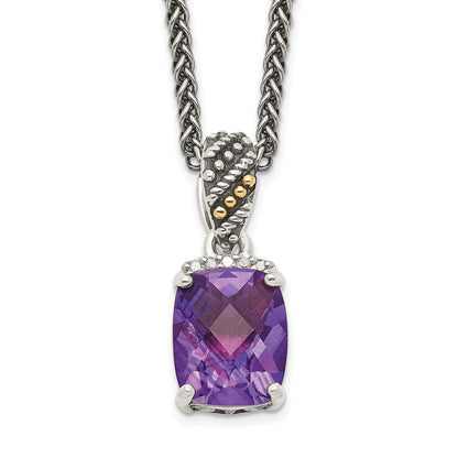 14K/Silver Two Tone Shey Couture Sterling Silver With 14K Accent 18 Inch Antiqued Diamond And Checkerboard Cut Cushion Amethyst Necklace