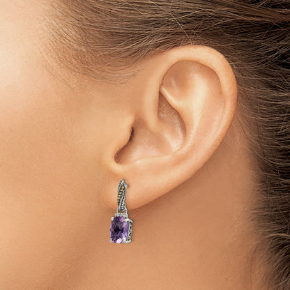 14K/Silver Two Tone Shey Couture Sterling Silver With 14K Accent Antiqued Diamond And Cushion Amethyst Dangle Post Earrings