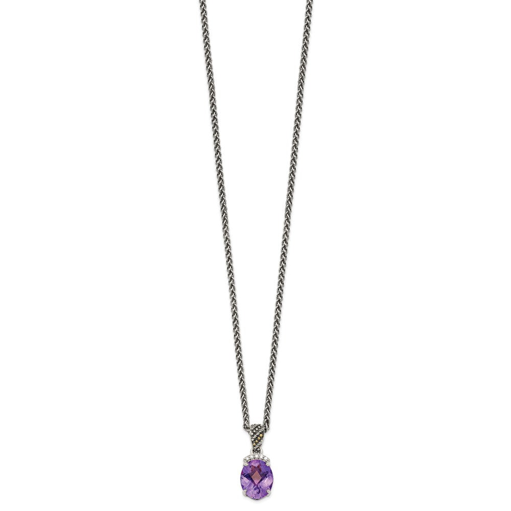 14K/Silver Two Tone Shey Couture Sterling Silver With 14K Accent 18 Inch Antiqued Checkerboard Cut Oval Amethyst And Diamond Necklace