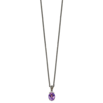 14K/Silver Two Tone Shey Couture Sterling Silver With 14K Accent 18 Inch Antiqued Checkerboard Cut Oval Amethyst And Diamond Necklace