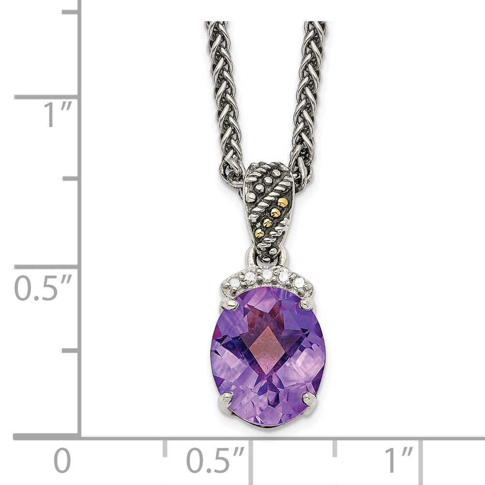 14K/Silver Two Tone Shey Couture Sterling Silver With 14K Accent 18 Inch Antiqued Checkerboard Cut Oval Amethyst And Diamond Necklace