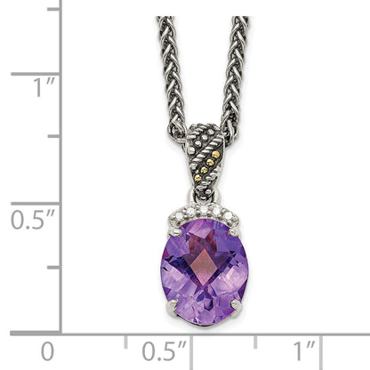 14K/Silver Two Tone Shey Couture Sterling Silver With 14K Accent 18 Inch Antiqued Checkerboard Cut Oval Amethyst And Diamond Necklace