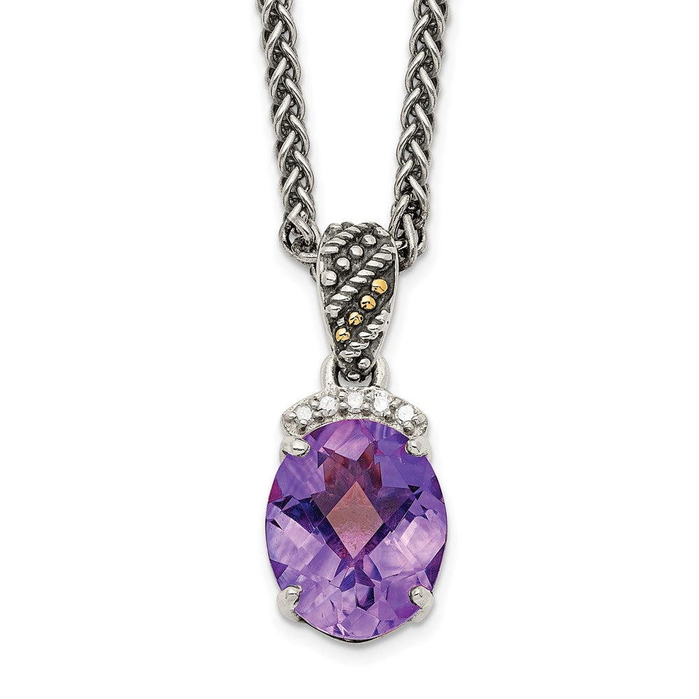 14K/Silver Two Tone Shey Couture Sterling Silver With 14K Accent 18 Inch Antiqued Checkerboard Cut Oval Amethyst And Diamond Necklace