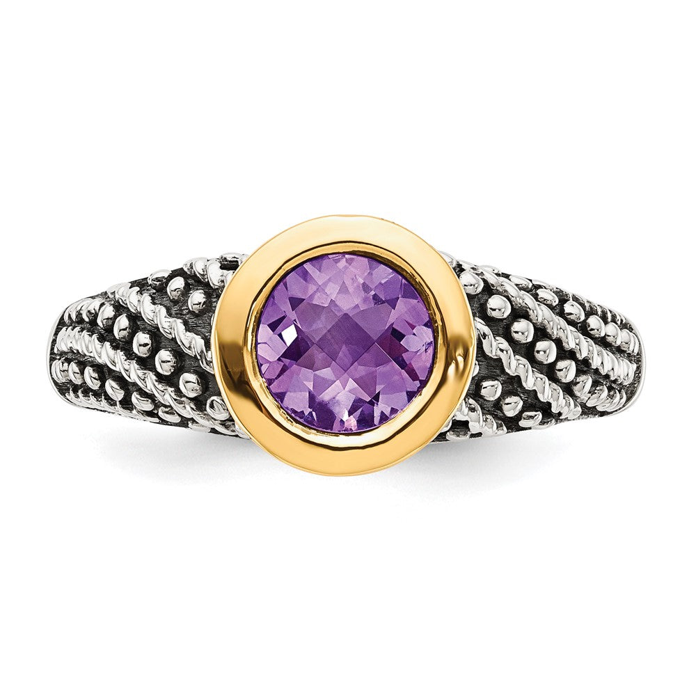 14K/Silver Two Tone Shey Couture Sterling Silver With 14K Accent Antiqued Round Bezel Amethyst Ring