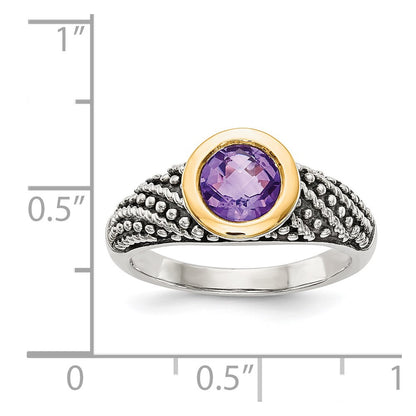 14K/Silver Two Tone Shey Couture Sterling Silver With 14K Accent Antiqued Round Bezel Amethyst Ring