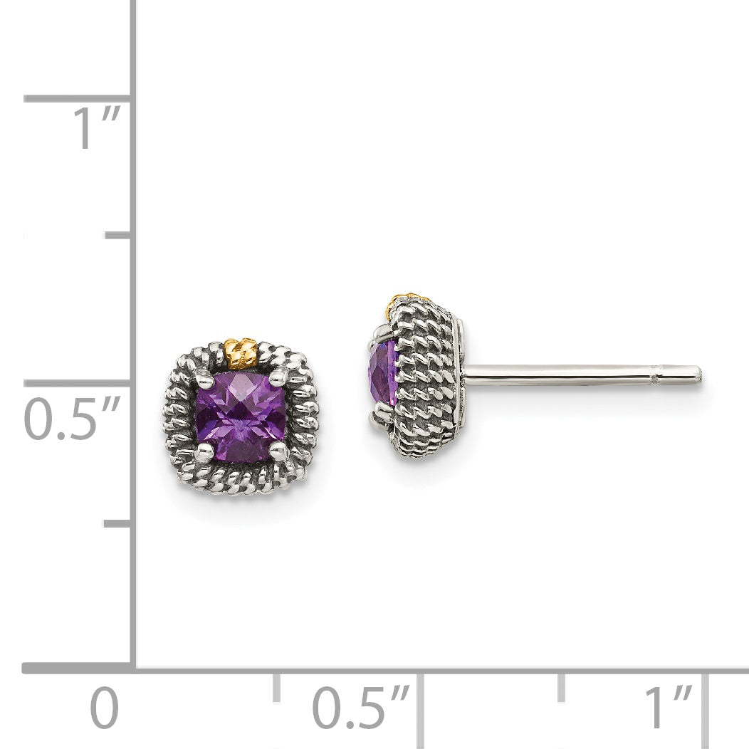 14K/Silver Two Tone Shey Couture Sterling Silver With 14K Accent Antiqued Cushion Cut Amethyst Post Earrings