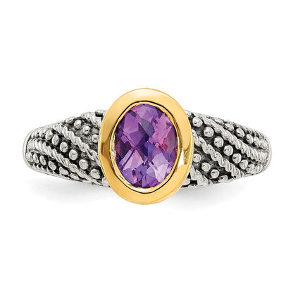14K/Silver Two Tone Shey Couture Sterling Silver With 14K Accent Antiqued Oval Bezel Amethyst Ring
