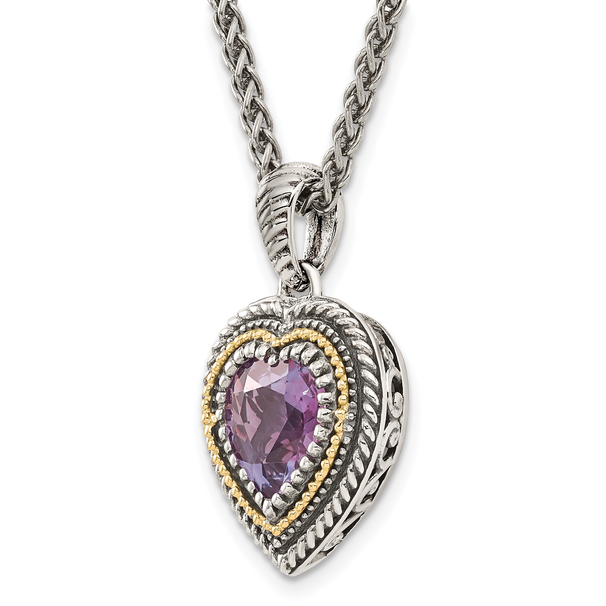 14K/Silver Two Tone Shey Couture Sterling Silver With 14K Accent 18 Inch Antiqued Amethyst Heart Necklace