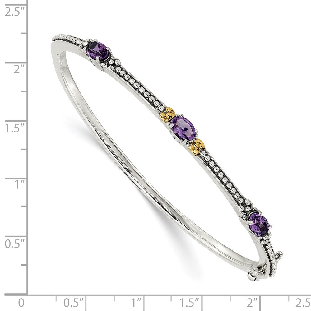 14K/Silver Two Tone Shey Couture Sterling Silver With 14K Accent Antiqued Oval Amethyst Hinged Bangle