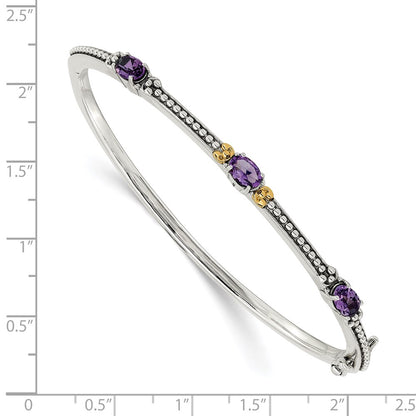 14K/Silver Two Tone Shey Couture Sterling Silver With 14K Accent Antiqued Oval Amethyst Hinged Bangle