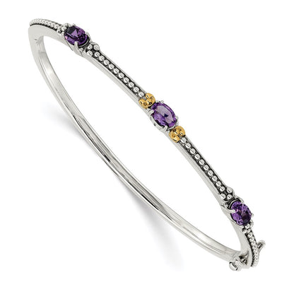 14K/Silver Two Tone Shey Couture Sterling Silver With 14K Accent Antiqued Oval Amethyst Hinged Bangle
