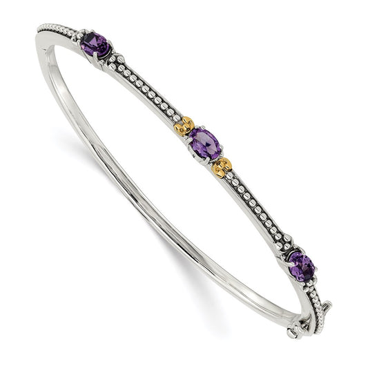 14K/Silver Two Tone Shey Couture Sterling Silver With 14K Accent Antiqued Oval Amethyst Hinged Bangle