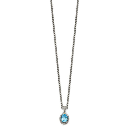 14K/Silver Two Tone Shey Couture Sterling Silver With 14K Accent 18 Inch Antiqued Oval Light Swiss Blue Topaz Necklace