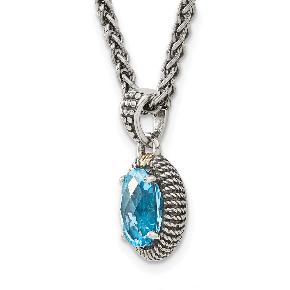 14K/Silver Two Tone Shey Couture Sterling Silver With 14K Accent 18 Inch Antiqued Oval Light Swiss Blue Topaz Necklace