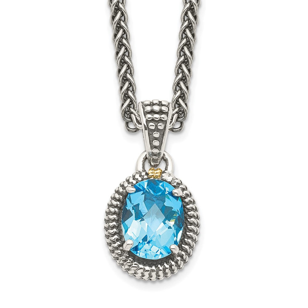 14K/Silver Two Tone Shey Couture Sterling Silver With 14K Accent 18 Inch Antiqued Oval Light Swiss Blue Topaz Necklace