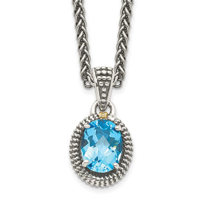14K/Silver Two Tone Shey Couture Sterling Silver With 14K Accent 18 Inch Antiqued Oval Light Swiss Blue Topaz Necklace