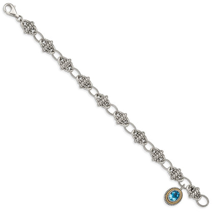 14K/Silver Two Tone Shey Couture Sterling Silver With 14K Accent 7.5 Inch Antiqued Oval Light Swiss Blue Topaz Bracelet
