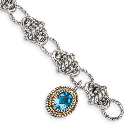 14K/Silver Two Tone Shey Couture Sterling Silver With 14K Accent 7.5 Inch Antiqued Oval Light Swiss Blue Topaz Bracelet