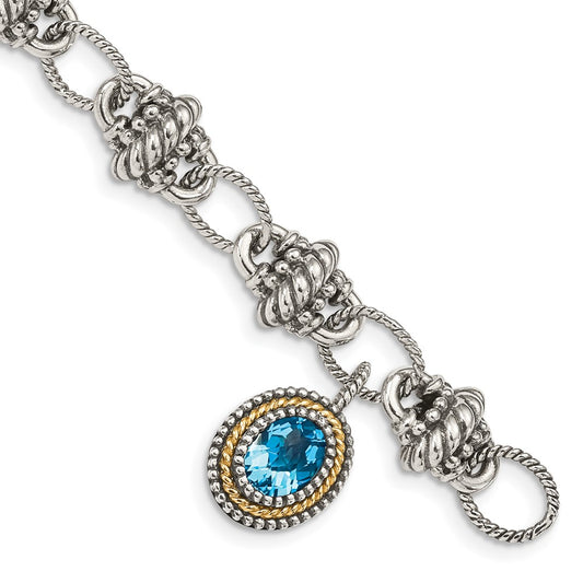 14K/Silver Two Tone Shey Couture Sterling Silver With 14K Accent 7.5 Inch Antiqued Oval Light Swiss Blue Topaz Bracelet