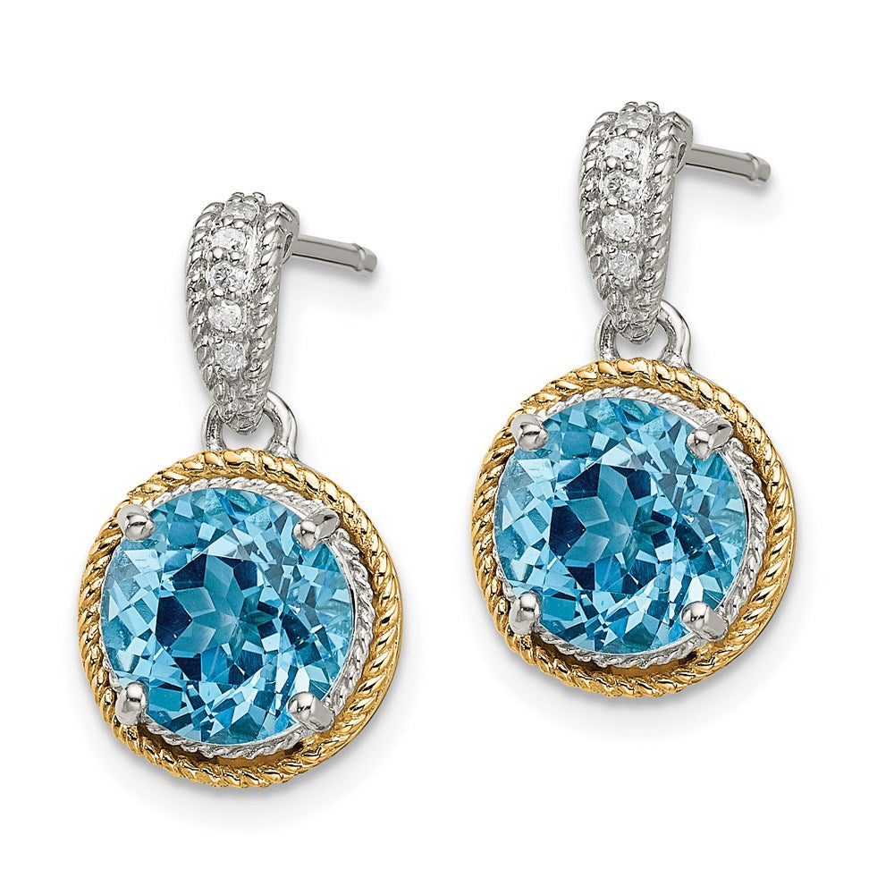 14K/Silver Two Tone Shey Couture Sterling Silver With 14K Accent Antiqued Round Blue Topaz Diamond Post Dangle Earrings
