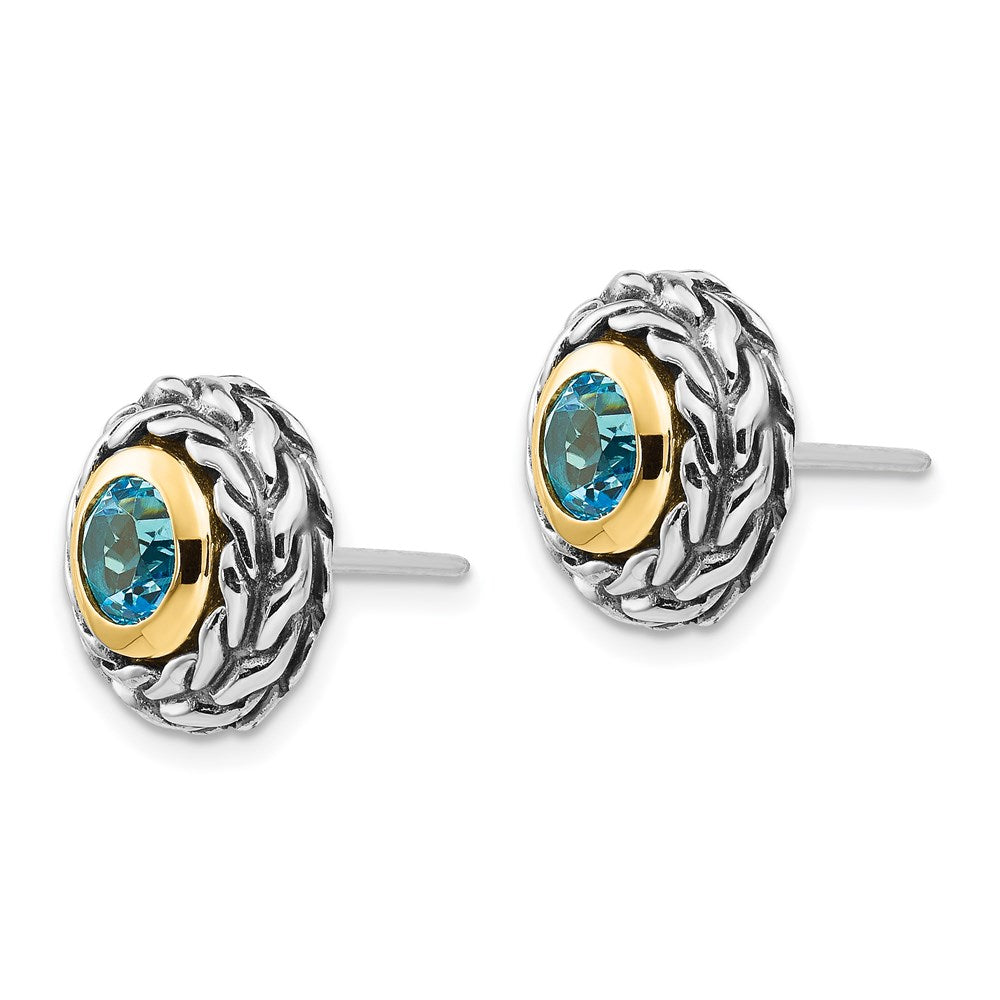 14K/Silver Two Tone Shey Couture Sterling Silver With 14K Accent Antiqued Round Bezel Light Swiss Blue Topaz Post Earrings