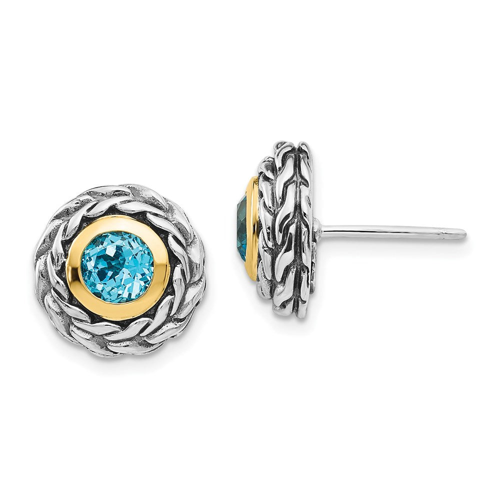 14K/Silver Two Tone Shey Couture Sterling Silver With 14K Accent Antiqued Round Bezel Light Swiss Blue Topaz Post Earrings