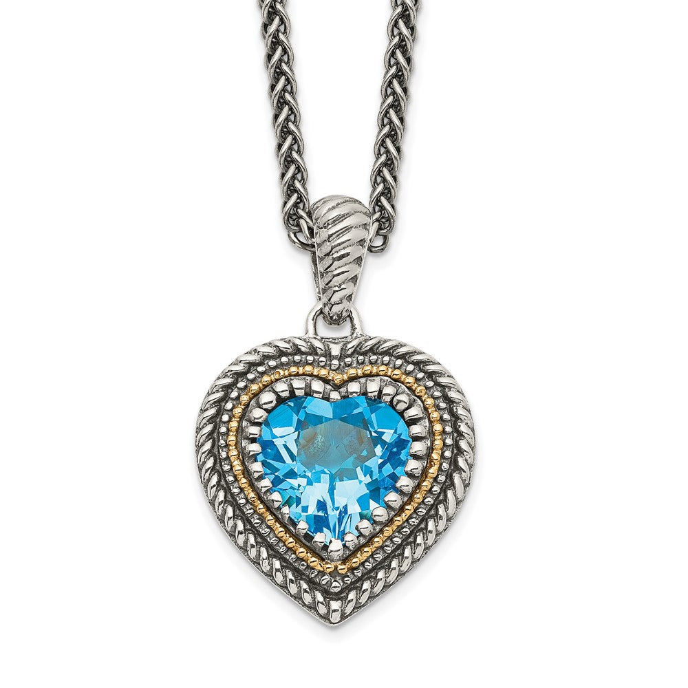14K/Silver Two Tone Shey Couture Sterling Silver With 14K Accent 18 Inch Antiqued Light Swiss Blue Topaz Heart Necklace