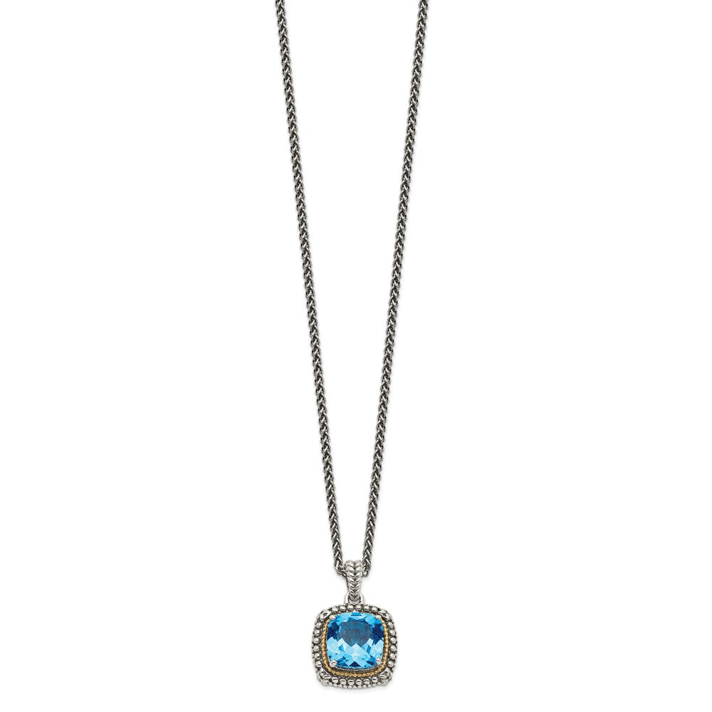 14K/Silver Two Tone Shey Couture Sterling Silver With 14K Accent 18 Inch Antiqued Cushion Light Swiss Blue Topaz Necklace