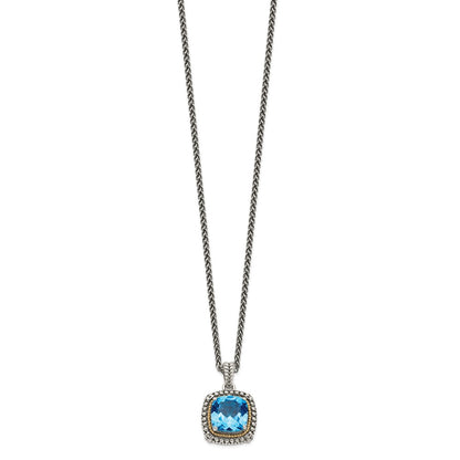 14K/Silver Two Tone Shey Couture Sterling Silver With 14K Accent 18 Inch Antiqued Cushion Light Swiss Blue Topaz Necklace