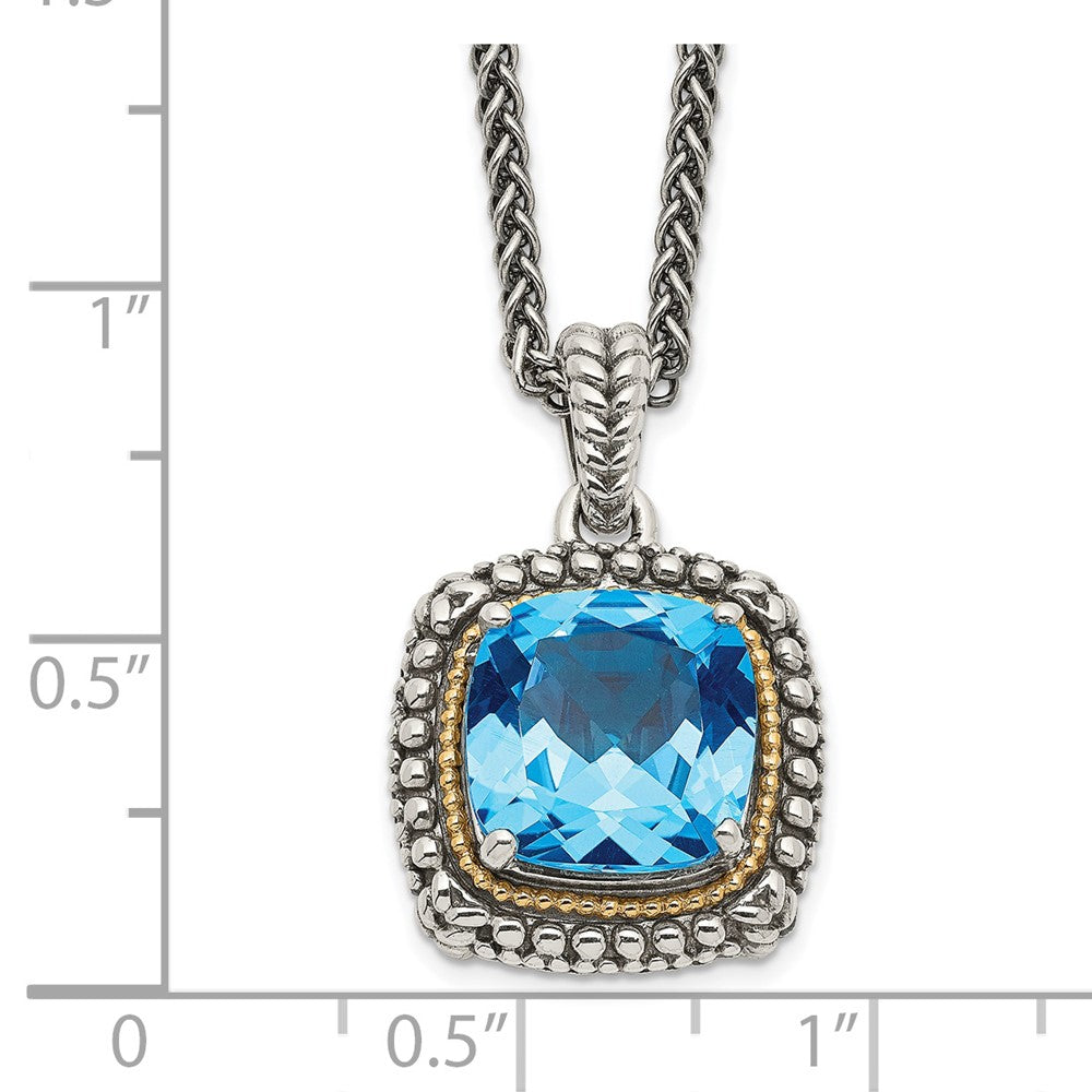 14K/Silver Two Tone Shey Couture Sterling Silver With 14K Accent 18 Inch Antiqued Cushion Light Swiss Blue Topaz Necklace