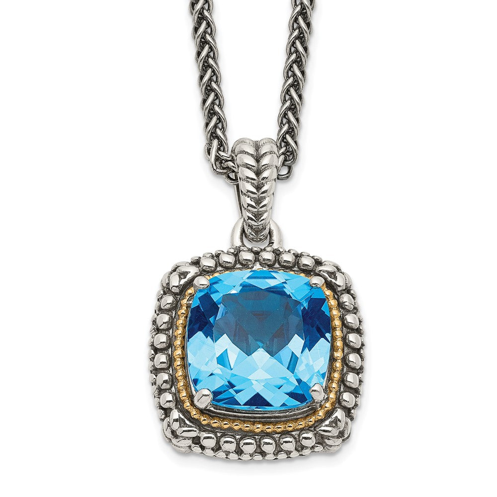 14K/Silver Two Tone Shey Couture Sterling Silver With 14K Accent 18 Inch Antiqued Cushion Light Swiss Blue Topaz Necklace