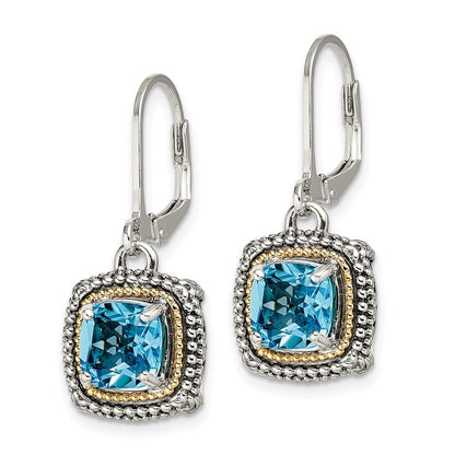 14K/Silver Two Tone Shey Couture Sterling Silver With 14K Accent Antiqued Cushion Light Swiss Blue Topaz Leverback Dangle Earrings