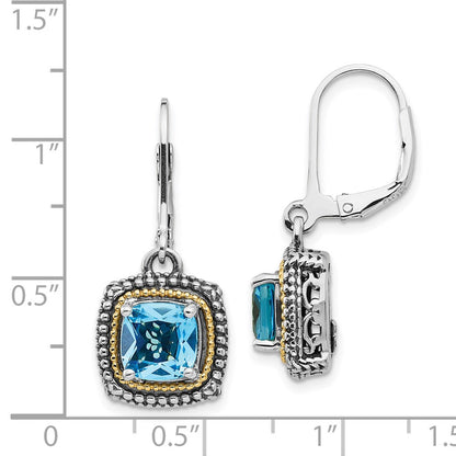 14K/Silver Two Tone Shey Couture Sterling Silver With 14K Accent Antiqued Cushion Light Swiss Blue Topaz Leverback Dangle Earrings