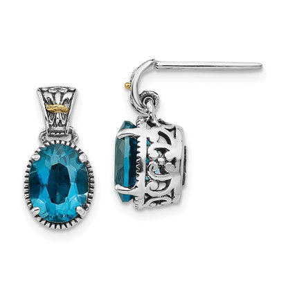 14K/Silver Two Tone Shey Couture Sterling Silver With 14K Accent Antiqued Oval London Blue Topaz Post Dangle Earrings