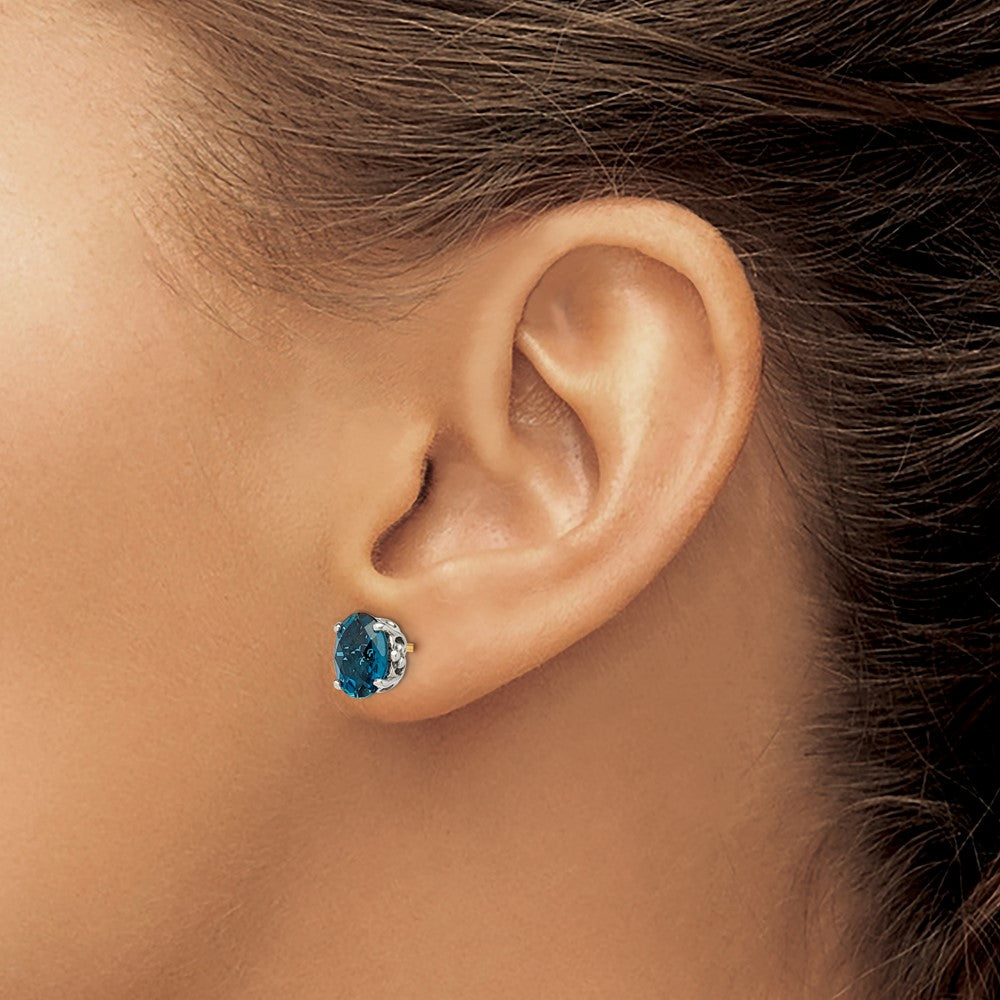 14K/Silver Two Tone Shey Couture Sterling Silver With 14K Accent Antiqued Oval London Blue Topaz Post Earrings