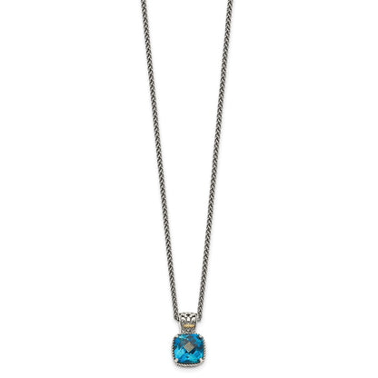 14K/Silver Two Tone Shey Couture Sterling Silver With 14K Accent 18 Inch Antiqued Cushion London Blue Topaz Necklace