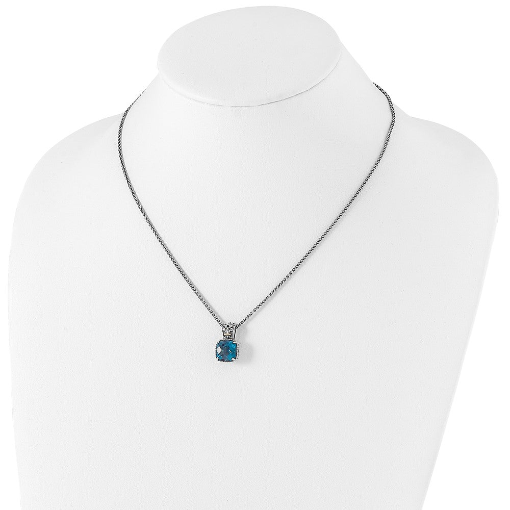 14K/Silver Two Tone Shey Couture Sterling Silver With 14K Accent 18 Inch Antiqued Cushion London Blue Topaz Necklace