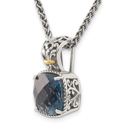 14K/Silver Two Tone Shey Couture Sterling Silver With 14K Accent 18 Inch Antiqued Cushion London Blue Topaz Necklace