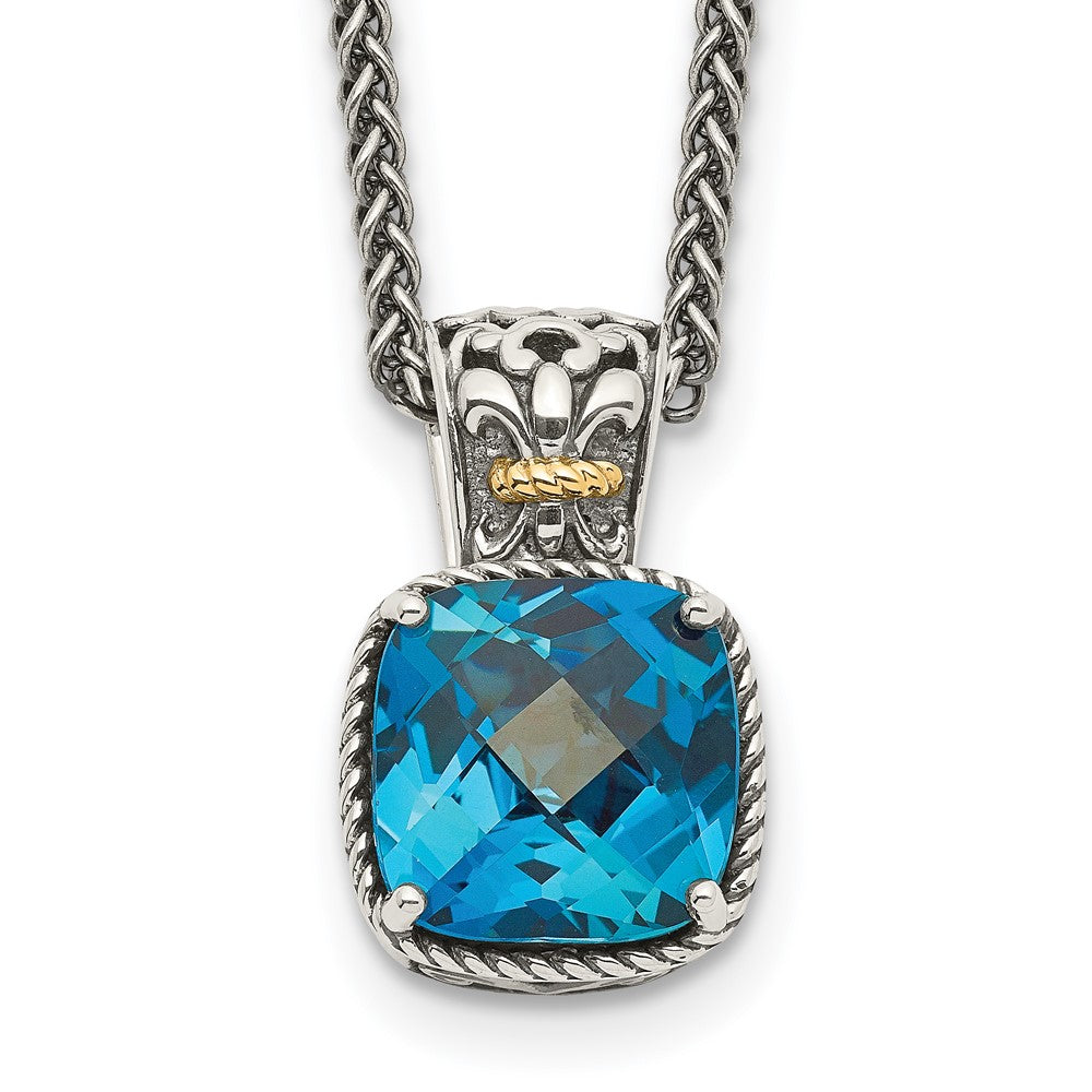 14K/Silver Two Tone Shey Couture Sterling Silver With 14K Accent 18 Inch Antiqued Cushion London Blue Topaz Necklace
