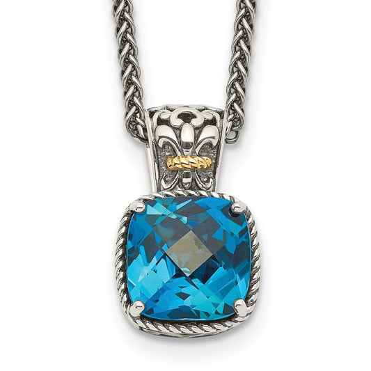14K/Silver Two Tone Shey Couture Sterling Silver With 14K Accent 18 Inch Antiqued Cushion London Blue Topaz Necklace